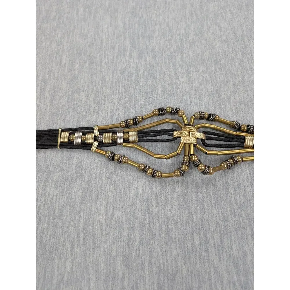 Vintage Belt Black Cord Beaded Geometric Art Deco Gold Silver Tone Western Boho